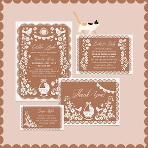 Bearbeitbares Cielito Lindo Babypartyeinladungspaket - Gender Neutral Mexikanische Fiesta Theme - Weiß Talavera Papel Picado Babyparty Set # YH4