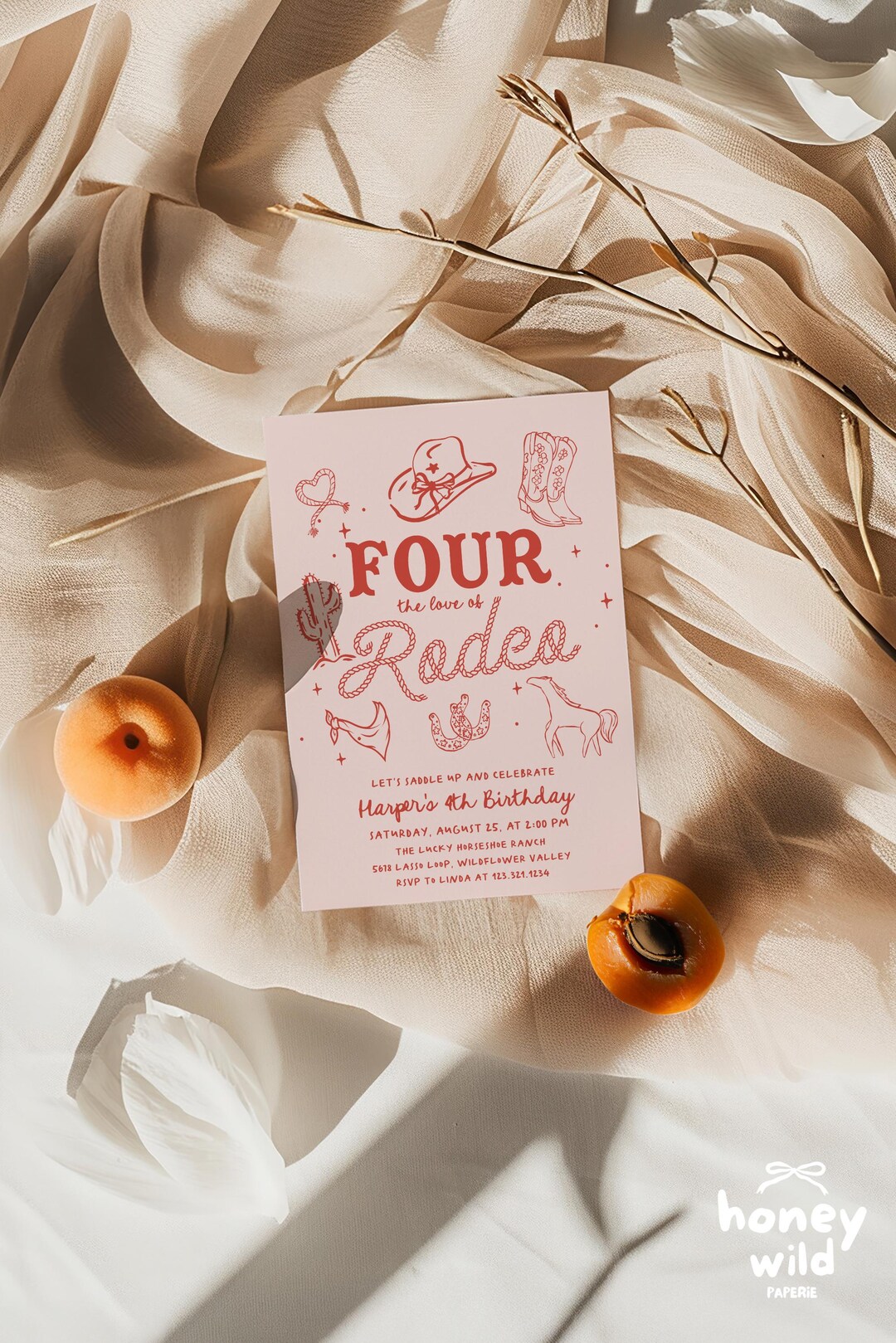Four the Love of Rodeo Cowgirl 4th Birthday Invitation - Editable Peach ...