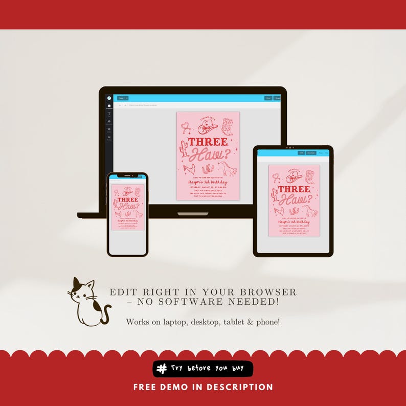 Pink cowgirl “Three Haw” 3rd birthday invitation with western boots, cowboy hat, cactus, and horse — editable printable rodeo theme party invite for girls.