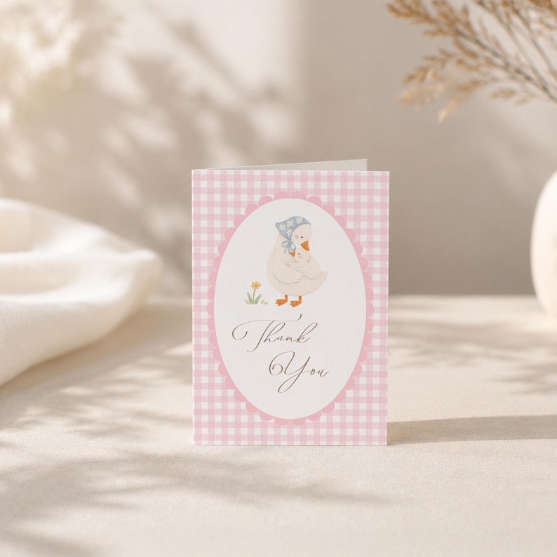 Pink gingham Silly Goose baby shower bundle featuring charming goose and gosling illustrations, soft baby girl colors, and vintage storybook styling. Coordinated girl goose baby shower decor collection with matching invitations, diaper raffle cards, books for baby cards, thank you cards, and printable party templates.