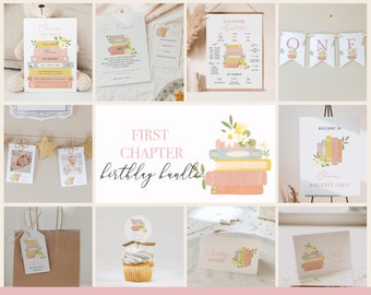 First Chapter Birthday Party Bundle with Customizable Invitations, Milestones, and Decorations, Storybook 1st Birthday Bundle#Y236