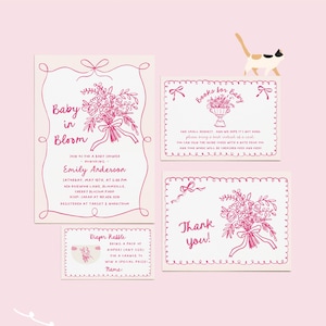 Ensemble douche bébé en fleurs rose - bouquet de fleurs fantaisiste dessiné à la main - invitation modifiable, demande de livre, tombola de couches et carte de remerciement # YD2