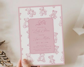 Pink Teddy Bear Baby Shower Invitation – Vintage Hand Drawn Bear – Editable Toile Style Girl Shower Invite#YA8
