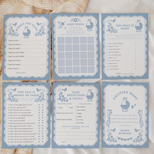 Cielito Lindo Babypartyspiele Bündel - Dusty Blue Talavera Fiesta - Bearbeitbares Papel Picado mexikanisches Babypartyaktivitäten Set # YH4