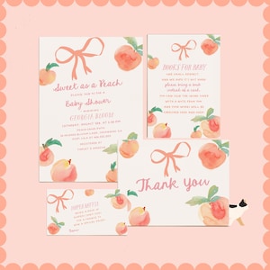 May include: A set of baby shower stationery with a peach theme. The invitation reads "Sweet as a Peach" and includes details for the event. Other cards include "Books for Baby", "Thank You", and a diaper raffle. Peach and bow illustrations.