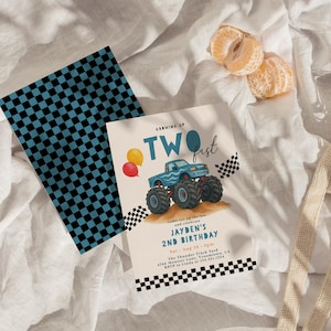 Blue monster truck 2nd birthday invitation with “Two Fast” wording, checkered flags, balloons, and editable text. Perfect for a crash bash or monster truck party theme for boys.