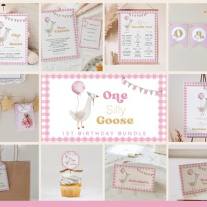 Pink One Silly Goose Birthday Bundle | Editable Goose Invitation, Decor 1st Birthday Templates | Girl Silly Goose 1st Birthday Package#YO3