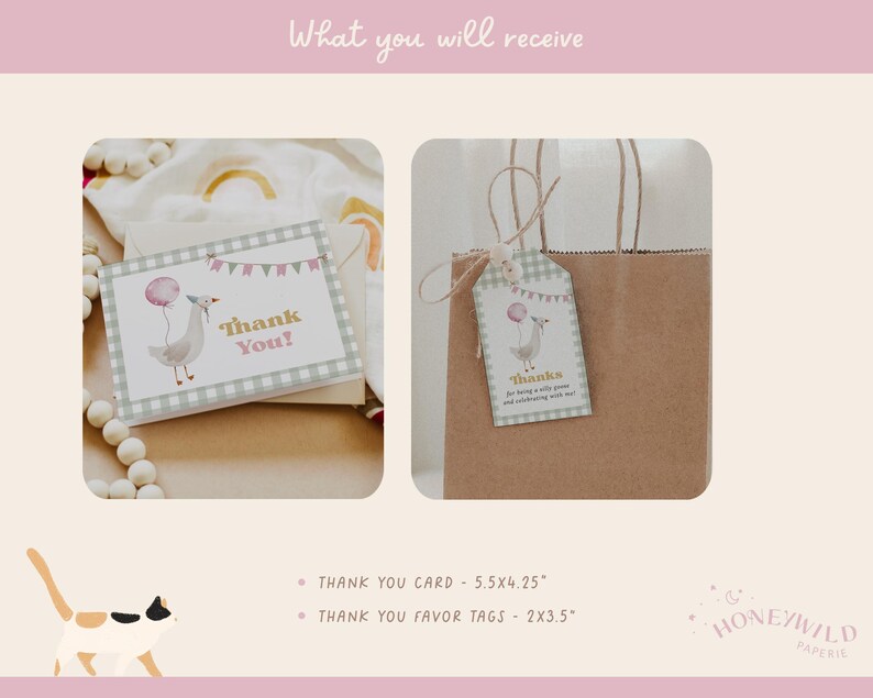 One Silly Goose Birthday Bundle, editable pink goose-themed 1st birthday invitation and décor set for a girl's first birthday.