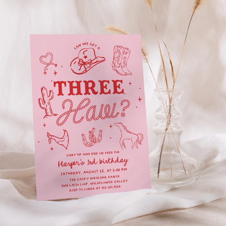 Pink cowgirl “Three Haw” 3rd birthday invitation with western boots, cowboy hat, cactus, and horse — editable printable rodeo theme party invite for girls.