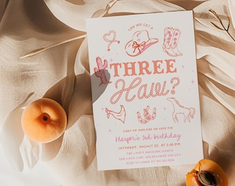 Three Haw Birthday Invitation Cowgirl 3rd Birthday - Pink Western Theme - Girl’s Country Birthday Party - Girl's 3rd Rodeo Invitation#YE1