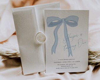 Elegant Blue Bow Birthday Invitation Template, Blue Ribbon Birthday Invitation, Fully Editable, Any Age#S252