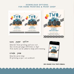 Blue monster truck 2nd birthday invitation with “Two Fast” wording, checkered flags, balloons, and editable text. Perfect for a crash bash or monster truck party theme for boys.
