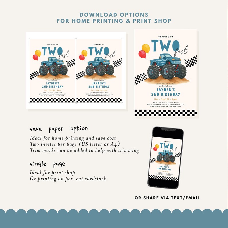 Blue monster truck 2nd birthday invitation with “Two Fast” wording, checkered flags, balloons, and editable text. Perfect for a crash bash or monster truck party theme for boys.