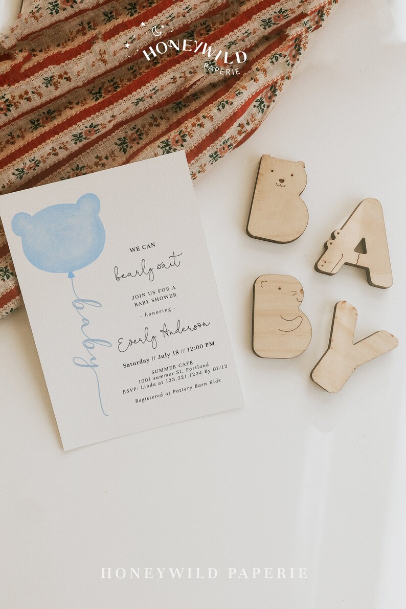 We Can Bearly Wait Baby Shower Invitation Boy Bear Baby Shower Invite Blue Teddy Bear InvitationBaby Sprinkle InviteFully