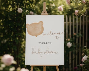 Placa de boas-vindas para chá de bebê com urso - Placa editável &quot;Podemos esperar&quot; - Decoração de chá de bebê com urso de pelúcia neutro #Y231
