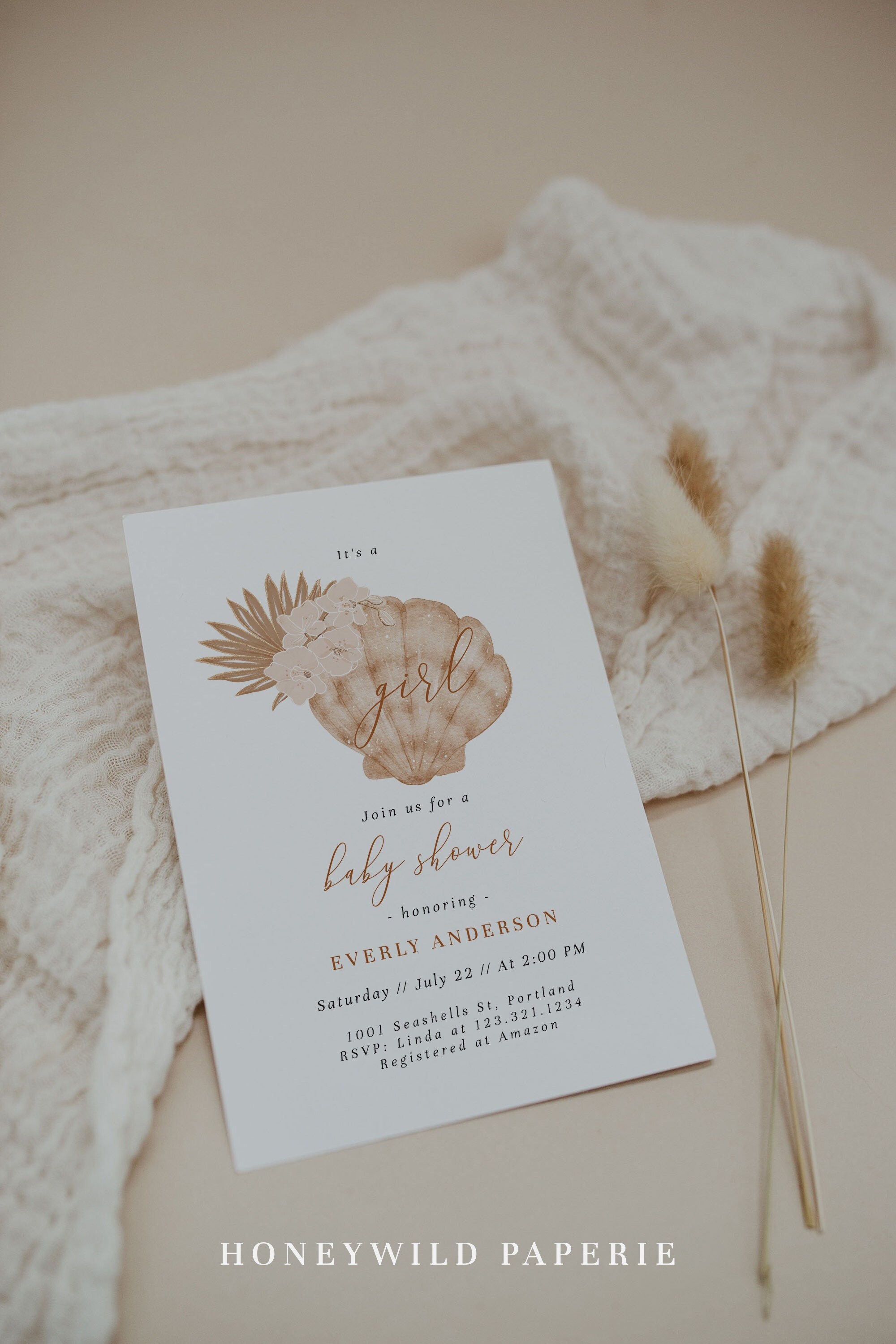 Boho Mermaid Baby Shower Invitation Bohemian Beach Baby Shower Invitation Burnt Orange Earthy Shell Baby Shower Invite Fully