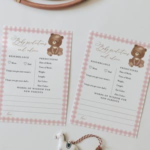 Prédictions et conseils pour bébés Jeu de baby shower | Ours rose Vichy | Jeu de Douche Ours en Peluche Modifiable | Nous pouvons attendre une fête prénatale pour fille #YA9