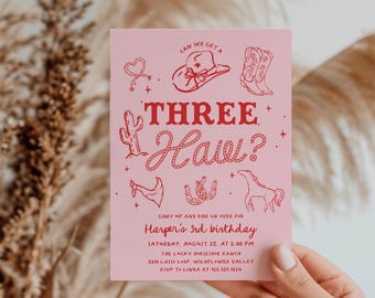 Three Haw Cowgirl 3rd Birthday Invitation - Pink Western Girl Birthday Party - Country Rodeo Theme Editable Printable Invite#YE2