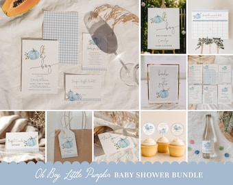 Blue Pumpkin Baby Shower Bundle, Boy Pumpkin Baby Shower Decor, Blue Gingham Fall Baby Shower (Editable Template)