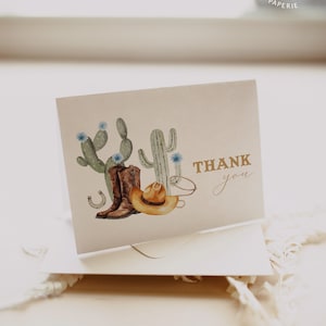 Bewerkbare 'Eerste Rodeo' Bedankkaartsjabloon - Cowboy Baby Shower & Wild West Verjaardag Dankbaarheid#YA6