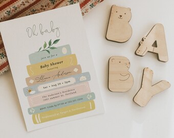 Genderneutraal verhalenboek stapel babyshower uitnodiging, bewerkbare boek thema babyshower uitnodigen, boekenliefhebbers, verhalenboek babyshower #Y227