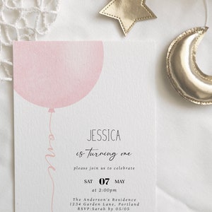 Pastel Pink Balloon Baby Girl 1st Birthday Invitation, Minimalist Girl 1st Birthday Invitation, Baby Pink 1st Birthday, Fully EditableR15 image 3