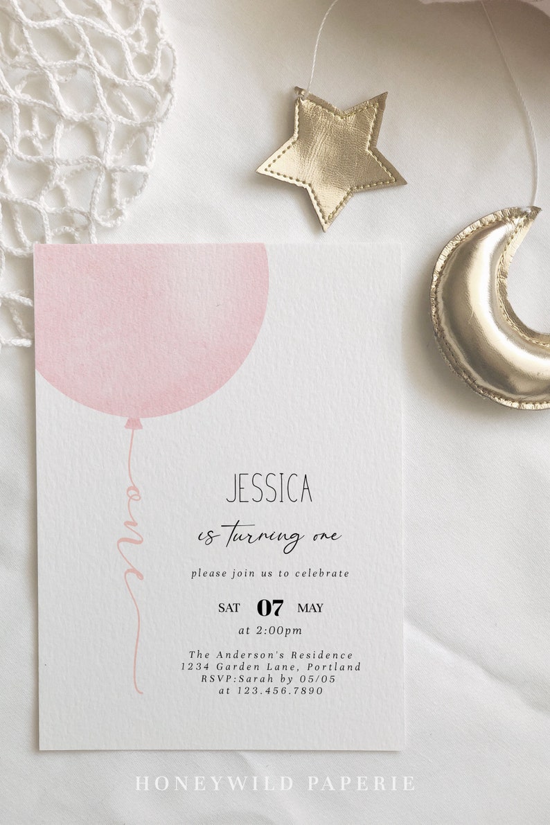 Pastel Pink Balloon Baby Girl 1st Birthday Invitation, Minimalist Girl 1st Birthday Invitation, Baby Pink 1st Birthday, Fully EditableR15 image 3