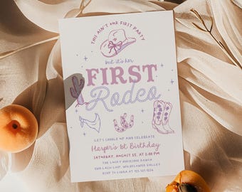 Girl's First Rodeo Birthday Invitation - Editable Cowgirl First Birthday Invitation - Purple Western 1st Birthday Invite#YE1