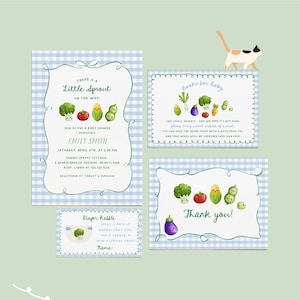 Bundle baby shower Little Sprout Boy - thème végétarien du marché des fermiers, invitation modifiable, demande de livre, tombola de couches et carte de remerciement # YD3