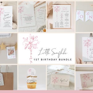 Snowflake Is One Birthday Bundle | Pink Snowflake 1st Birthday Invite, Milestone, and Decor Set | Winter Onederland Birthday Bundle#WS1