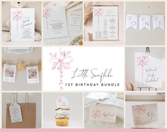 May include: A printable 1st birthday party bundle featuring a pink and white snowflake theme. The bundle includes a welcome sign, a banner, a photo card, a cupcake topper, a thank you card, a gift tag, and a first year milestone chart. The text "Little Snowflake 1st Birthday Bundle" is included in the image.