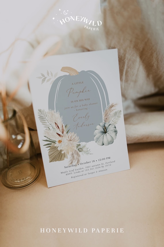 Boy Little Pumpkin Baby Shower Invitation, Editable Fall Baby Shower Invite, A Little Pumpkin Is On His Way Blue Pumpkin Invite,#F5