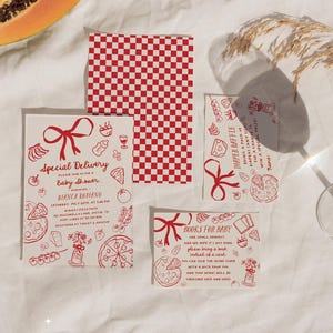Speciale bezorging babyshowerbundel - bewerkbare handgetekende Italiaanse pizza thema-uitnodiging, boekverzoek, loterij en bedankkaart #YH3