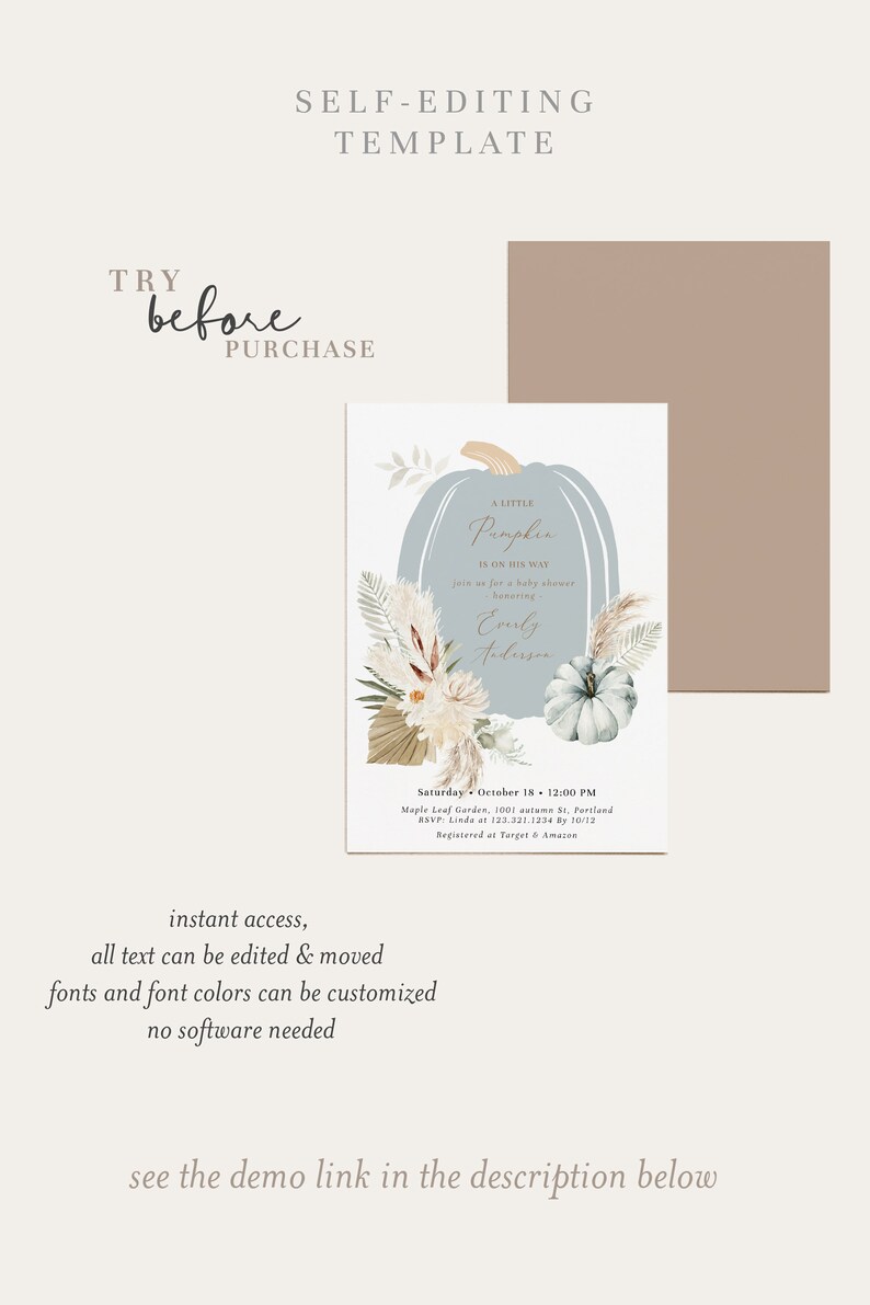 Puede incluir: Una calabaza azul claro con el texto "A Little Pumpkin Is On His Way" y las palabras "join us for a baby shower honoring Everly Anderson". La invitaci&oacute;n tiene un dise&ntilde;o floral de acuarela con acentos beige, blanco y marr&oacute;n. El texto "Saturday October 18 - 12:00 PM" est&aacute; en la parte inferior de la invitaci&oacute;n.
