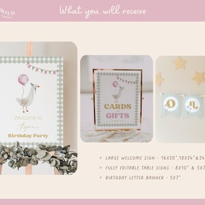 One Silly Goose Birthday Bundle, editable pink goose-themed 1st birthday invitation and décor set for a girl's first birthday.