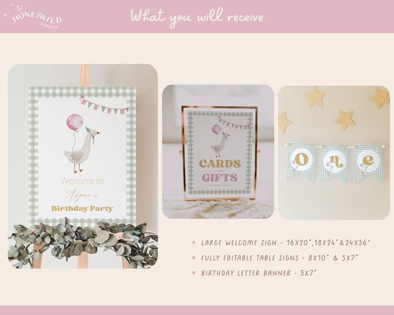 One Silly Goose Birthday Bundle, editable pink goose-themed 1st birthday invitation and décor set for a girl's first birthday.