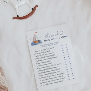 Mama of papa? Raad eens wie het zei Nautisch babyshower bewerkbaar spel, afdrukbaar babyshowerspel, Ahoy It's a Boy#YR9