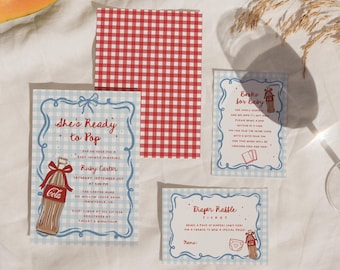 Zestaw zaproszeń na baby shower „She’s Ready to Pop”, motyw Blue Soda Pop (szablon do edycji)