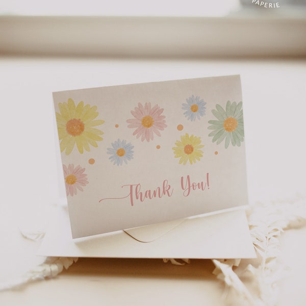 Pastel Daisies Thank You Card, Printable Baby In Bloom Wildflowers Thank You Card, Daisy Birthday Party Thank You Card,#S235