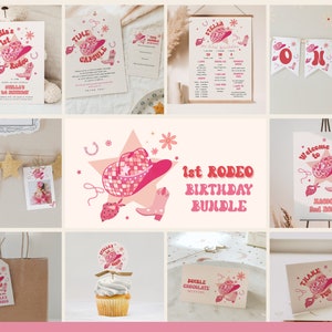 Cowgirl 1st Birthday Bundle with Customizable Invitations, Milestones, and Decorations, 1st Rodeo Birthday Set, Pink Disco Cowgirl#Y245