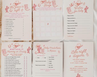 Lot de jeux modifiables pour baby shower de cow-girl - activités de shower de bébé dans le Far West - jeux de shower de bébé cow-girl rose dessinés à la main # YF1