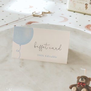 Pastelblauwe ballon voedseletiket tentkaart, platte en tented buffetgerecht naamkaartjes, voedselkaarten, volledig bewerkbaar #YB1
