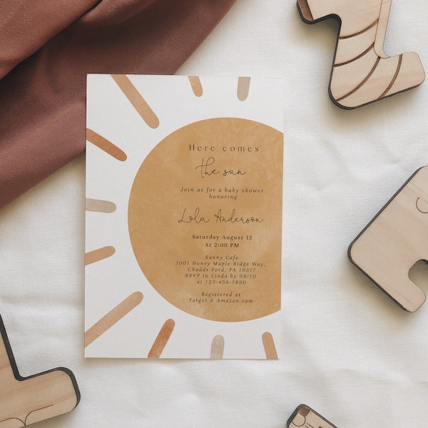 Here Comes The Sun Baby Shower Invitation, Gender Neutral, Muted Boho Sun Invitation, Little Ray of Sunshine Fully Editable Printable#Y230