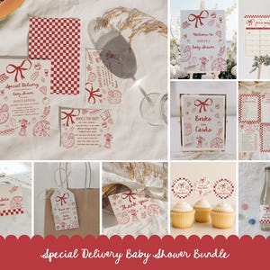 Special Delivery Baby Shower Bundle - Editable Hand Drawn Italian Pizza Theme Baby Shower Set - Slice Slice Baby Invite, Decor & Games#YH3
