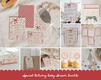 Special Delivery Baby Shower Bundle - Editable Hand Drawn Italian Pizza Theme Baby Shower Set - Slice Slice Baby Invite, Decor & Games#YH3