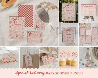Spezielle Lieferung Mädchen-Babyparty-Bundle - Bearbeitbares italienisches Pizza-Thema - Hand gezeichnete Scheibe Scheibe Baby-Einladung, Dekor & Spiele Set # YH3