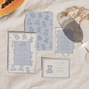 Teddybeer uitnodigingsbundel babyshower – handgetekende stoffige blauwe teddybeer in toile-stijl – bewerkbare vintage uitnodigingsset #YA8G