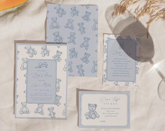 Teddy Bear Baby Shower Invitation Bundle – Hand Drawn Dusty Blue Toile Style Teddy Bear  – Editable Vintage Invite Set#YA8G