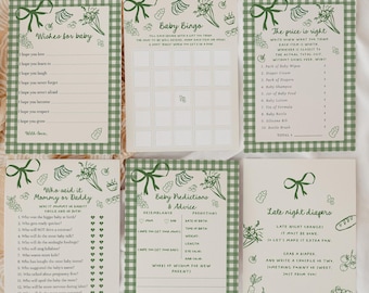 May include: A baby shower games bundle featuring six different games with a green and white gingham pattern. Games include "Wishes for Baby," "Baby Bingo," "The Price is Right," "Who Said It Mommy or Daddy," "Baby Predictions & Advice," and "Late Night Diapers."