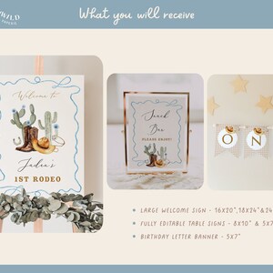 1st Rodeo Birthday Bundle featuring cowboy and western-themed elements, editable and printable, includes invitation and first birthday decor templates.
